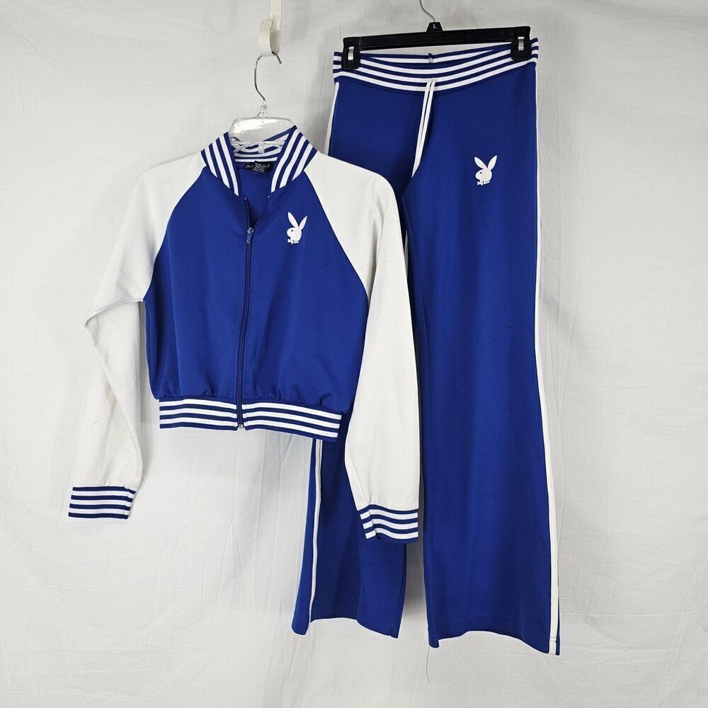 Playboy Tracksuit Set Full Zip Jumper Flared Track Pants Blue White 90s Y2k M